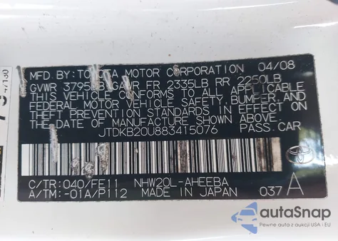 2008 Toyota Prius from USA, damaged, VIN JTDKB20U883415076